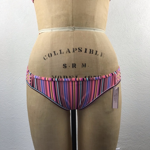 Victoria’s Secret l M The Itsy Pink Stripe Texture Halter Cheeky Bikini Swimsuit - Picture 3 of 15
